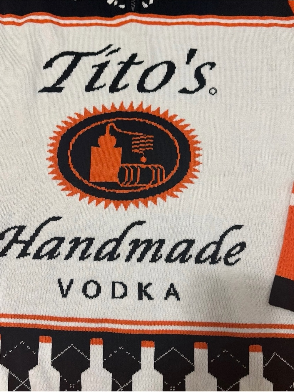 Tito's White & Orange Holiday Graphic Sweater - Tito's Handmade Vodka Logo
